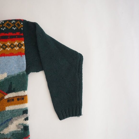 Vintage Green Knit Pine Tree Cabin Lake Mountain Fair Isle Nature Sweater M - Picture 4 of 9